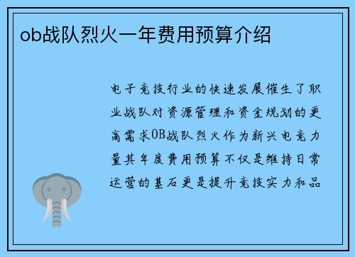 ob战队烈火一年费用预算介绍